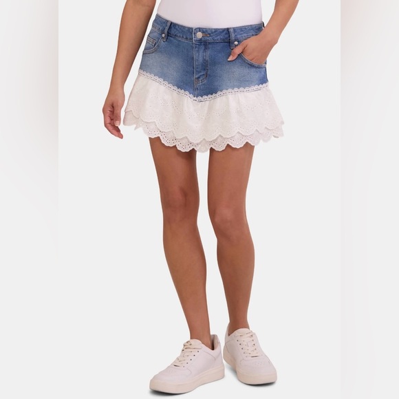 NYC Dresses & Skirts - Madden NYC Blue Denim Mini Skirt With White Cotton Eyelet Lace Trim - Size S